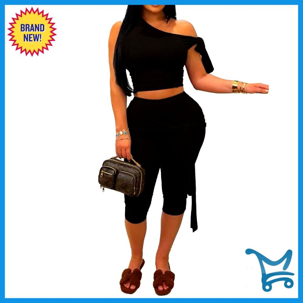 Off Shoulder Tie Crop Top And Capri Legging Set Y2k Clubwear Chic
